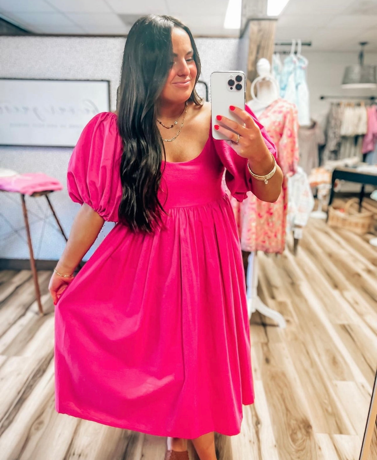 Pink Puff Sleeve Dress-Size Large