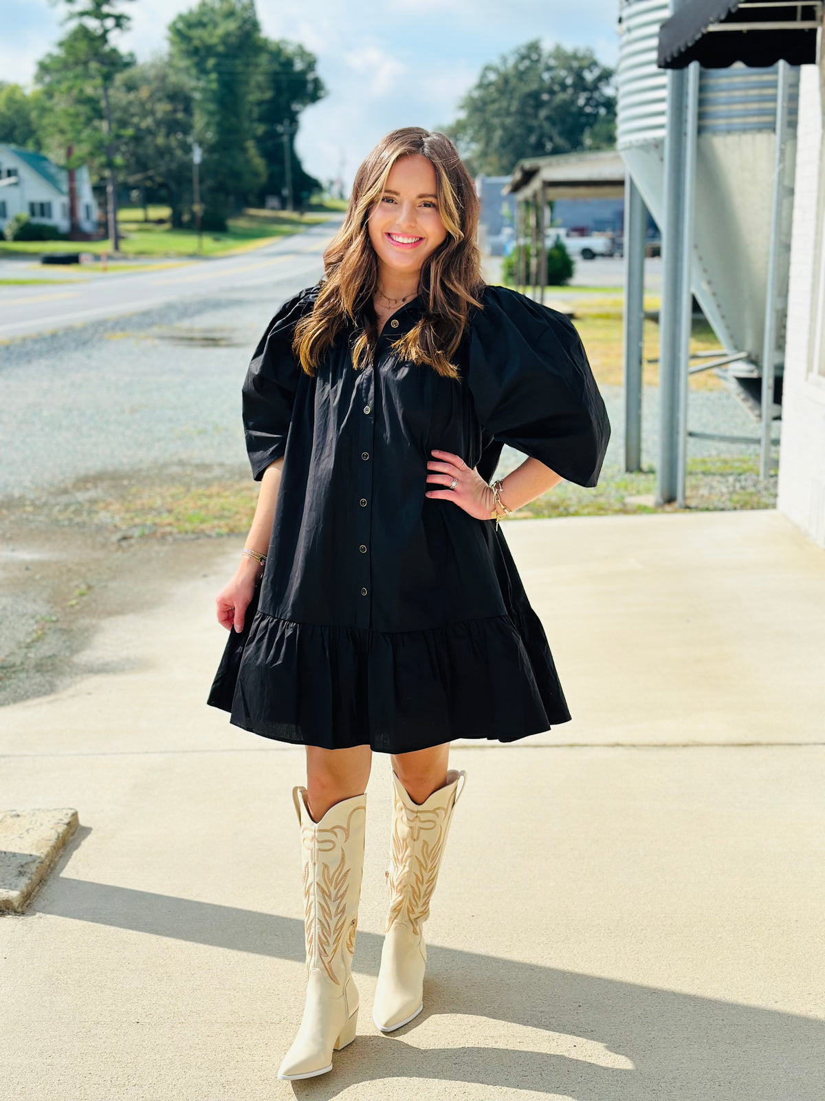 Black Puff Sleeve Ruffle Dress