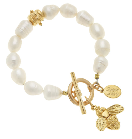 Gold Bee Charm Freshwater Pearl Bracelet