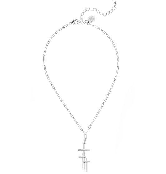 Silver Triple Cross On Paperclip Chain Necklace