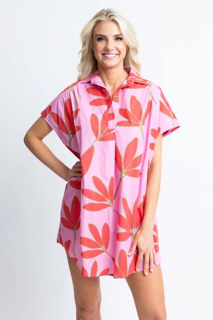 Palm Floral Vneck Shirt Dress